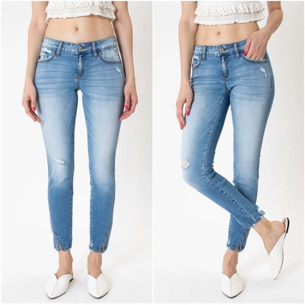 Kancan Medium Wash Distressed ankle split Skinny Denim Jeans - Picture 2 of 3